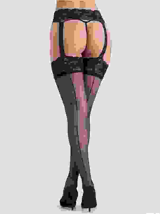 Lovehoney Black Lace-Look Suspender Tights, Black, hi-res